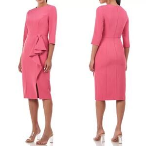 Kay Unger Raspberry Pink Midi Dress Size 10 Side Ruffle Sheath Career Formal